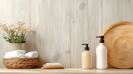 Poster - Elegant and Minimalist Vanity Scene with Symmetrically Arranged Skincare Bottles on a Clean White and Gray Background