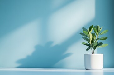 Poster - Minimalist plant in pot, sunlight on blue wall. (1)