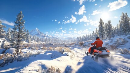 Snowmobile rides through snowy forest, mountain backdrop. Perfect for winter adventure, travel, and recreation themes.