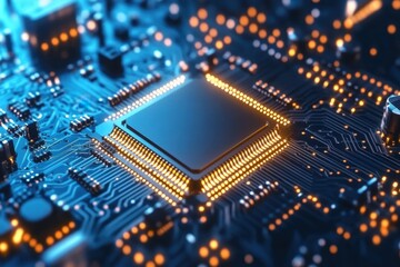 Poster - Close-up of a CPU on a circuit board, glowing pins. Illustrates technological advancement; ideal for tech websites or presentations.