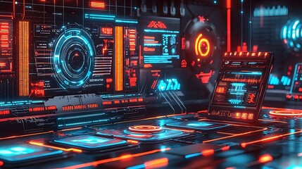 Poster - Futuristic control room interface with glowing displays and digital data.