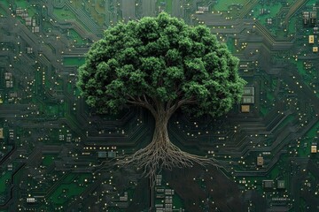 Poster - Lush green tree rooted on a circuit board. Illustrates eco-conscious technology, sustainable innovation.