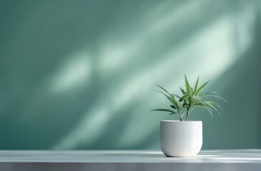 Small plant in white pot on teal background.