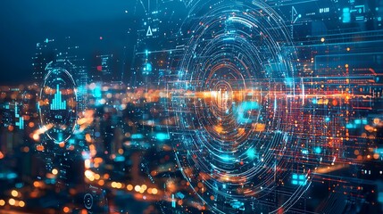 Poster - Futuristic city skyline with digital data overlay, showcasing technological innovation and connectivity.