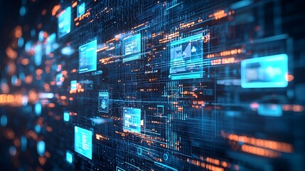 Poster - Futuristic digital data stream with glowing interfaces and code.