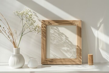 Wall Mural - Empty wooden frame mockup with vase, flowers, and diffuser.