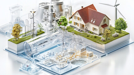 Aufkleber - hybrid renewable energy system featuring wind and solar power, showcasing model house surrounded by greenery and energy infrastructure. This innovative design emphasizes sustainability and