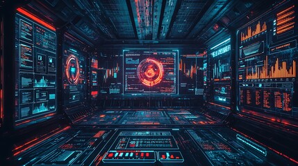 Poster - Futuristic control room with holographic displays showing data analytics and network security.