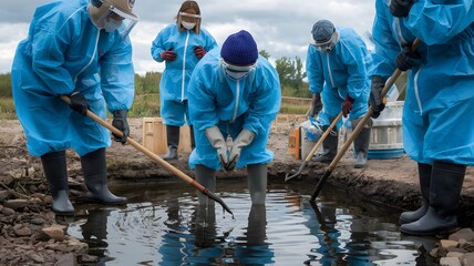 Wall Mural - a group of concerned citizens wearing protective gear, cleaning up a polluted groundwater source
