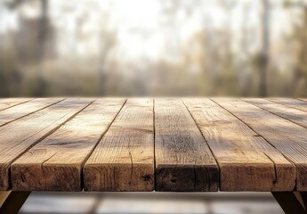 Wall Mural - Rustic wooden table against blurred autumnal background.