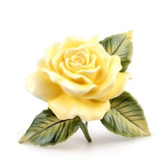 Wall Mural - pale yellow porcelain rose with green leaves.