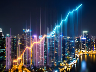Poster - Market growth trends urban city skyline infographic visualization nighttime setting aerial perspective economic insights