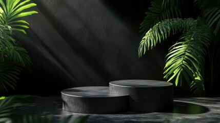 Leinwandbilder - A minimalist display featuring circular platforms surrounded by lush greenery.