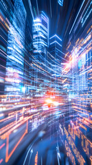 Poster - Dynamic urban nightscape with neon lights metropolitan city digital art futuristic environment high-speed perspective technology innovation