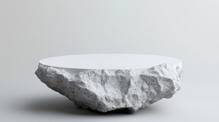 Poster - A minimalist table featuring a round white top and a textured rock base.