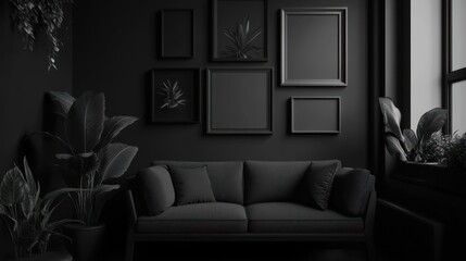 Poster - A minimalistic black living room featuring a couch and framed artworks.