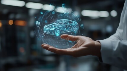 Wall Mural - A futuristic hand holds a holographic car model, symbolizing innovation in automotive technology and digital transformation.