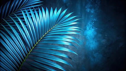 Wall Mural - Blue palm leaf contrasted against dark nature background, tropical, foliage, exotic, vibrant, lush, botanical, natural
