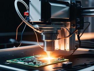 Poster - High-precision machinery is engaged in the process of enhancing electronic components on a circuit board. The workspace is lit with a bright glow, indicating active work on technology.