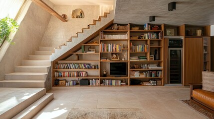 Poster - A modern interior featuring a staircase and bookshelves filled with books.