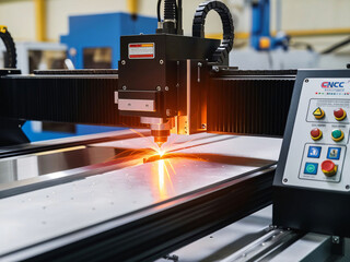 Poster - High-precision machinery is engaged in the process of enhancing electronic components on a circuit board. The workspace is lit with a bright glow, indicating active work on technology.