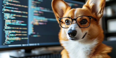 corgi wearing glasses coding at computer, showcasing humorous and creative scene
