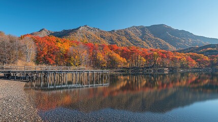 A serene mountain lake reflecting autumn foliage, where fiery reds, oranges, and yellows form a tapestry on the shore. The still surface of the water mirrors the vibrant canopy and clear blue 