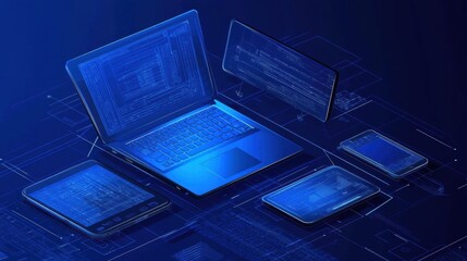 Detailed artwork featuring laptop, tablet, and mobile phones.
