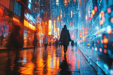 Poster - Vibrant city scene with neon lights and reflections