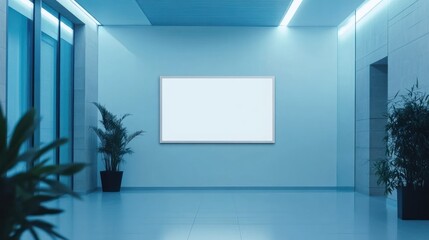 Poster - A modern, minimalist gallery space featuring a blank wall and potted plants.