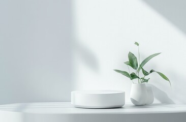 Wall Mural - minimalist white product display with plant.
