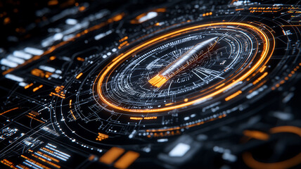 Poster - digital dashboard displaying data with futuristic design elements, featuring glowing orange and black colors, intricate lines, and circular patterns