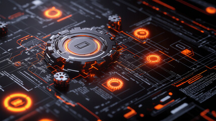 Aufkleber - Futuristic technology interface with glowing orange elements and gears, showcasing intricate patterns and designs. Ideal for themes of innovation and digital advancement