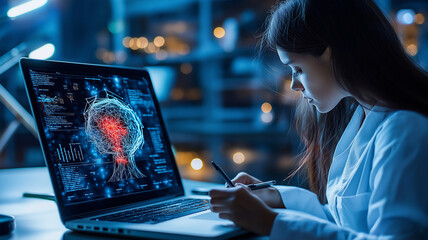 Leinwandbilder - woman in lab coat analyzes data on laptop, focusing on AI learning patterns. environment is illuminated with blue hue, creating tech savvy atmosphere