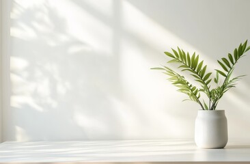 Wall Mural - minimalist plant in sunlight on white table.