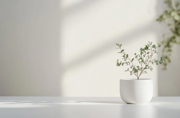 Poster - minimalist plant in a white pot on a white table with sunlight.