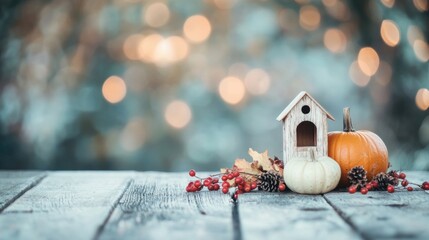 Sticker - Decorative autumn elements, including a small birdhouse, pumpkins, and natural foliage, create a warm seasonal ambiance on a wooden surface