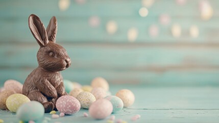 Sticker - A chocolate bunny sits among brightly colored decorative eggs on a pastel background, creating a cheerful Easter atmosphere