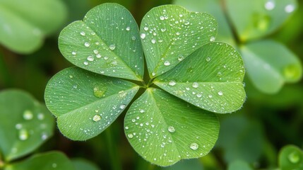 Wall Mural - A vibrant green four leaf clover is highlighted, showcasing water droplets that glimmer in the soft morning light, surrounded by greenery