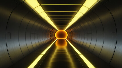 Yellow neon glow empty corridor tunnel spaceship