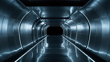 Black neon glow empty corridor tunnel spaceship