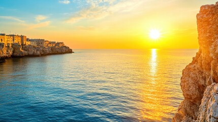 Wall Mural - Stunning Sunset Over Calm Sea with Coastal Buildings and Rocks in View