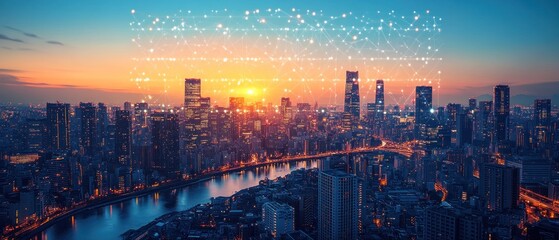 Poster - Urban skyline at sunset with digital overlay