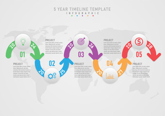 Wall Mural - 5 year timeline template Multicolored arrow curve infographic with gray button in the middle, multicolored icons on the button The top and bottom have numbers with text and a map background.