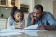 © Юля Бурмистрова - Father helps daughter with homework at kitchen table in afternoon light. Generative AI