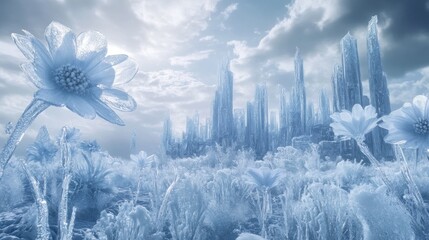Poster - A serene icy landscape featuring crystalline flowers and towering ice formations under soft light.