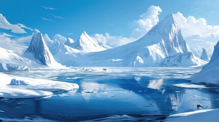 Poster - A serene icy landscape with mountains and a tranquil blue water body.
