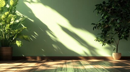 Poster - A serene indoor space with plants and soft shadows on a green wall.