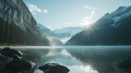 Aufkleber - A serene lake surrounded by mountains at sunrise, reflecting nature's beauty.