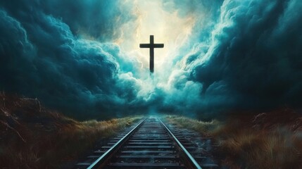 Poster - A serene landscape with a cross above a railway, symbolizing hope and spirituality.